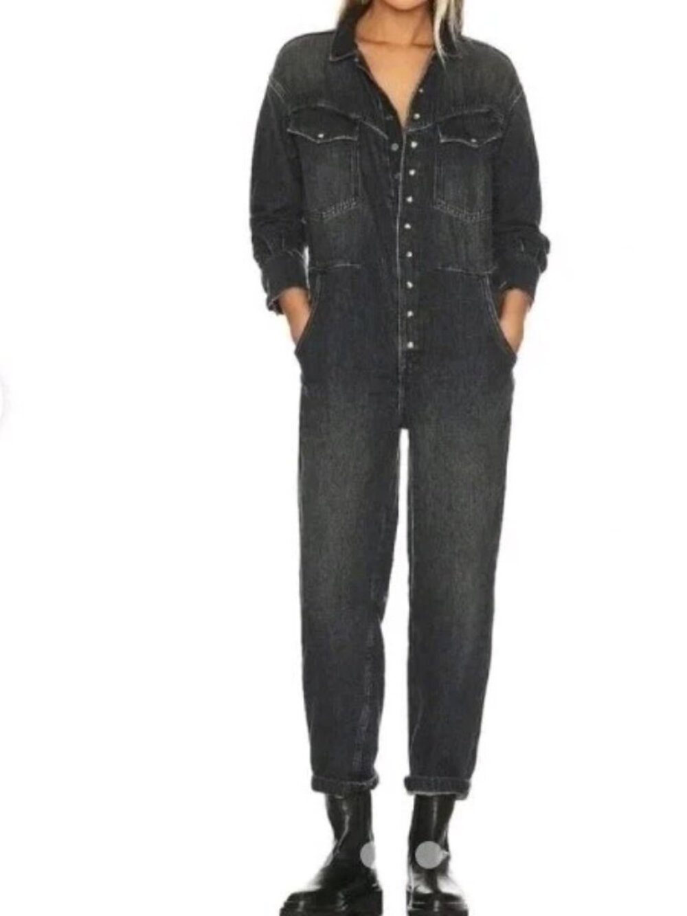 We The Free Women's M Black Gray Denim Button Front Townes Coveralls